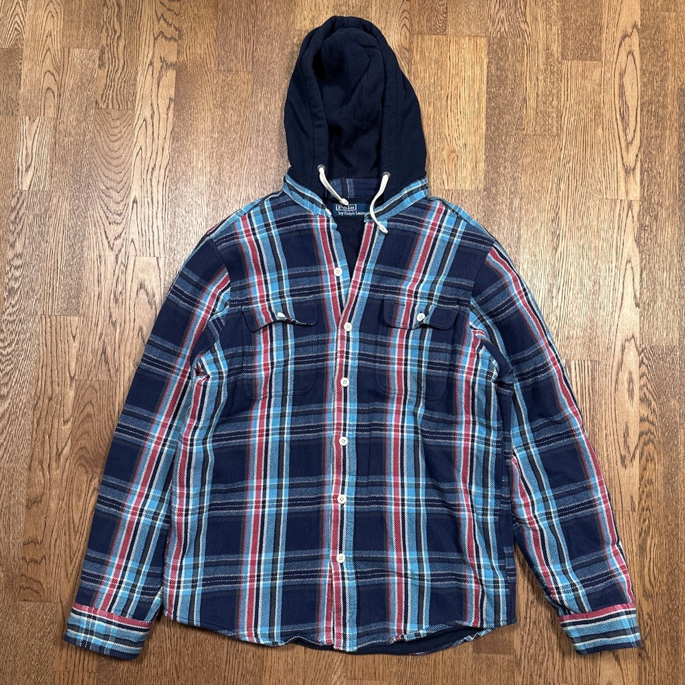 Polo Ralph Lauren Waffle Thermal Plaid Hood Flannel Shirt Jacket Shacket Mens M